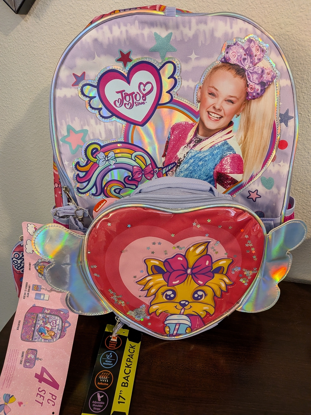 JoJo Siwa Purple & Pink Holographic Heart Backpack with Lunchbag (No Lanyard)